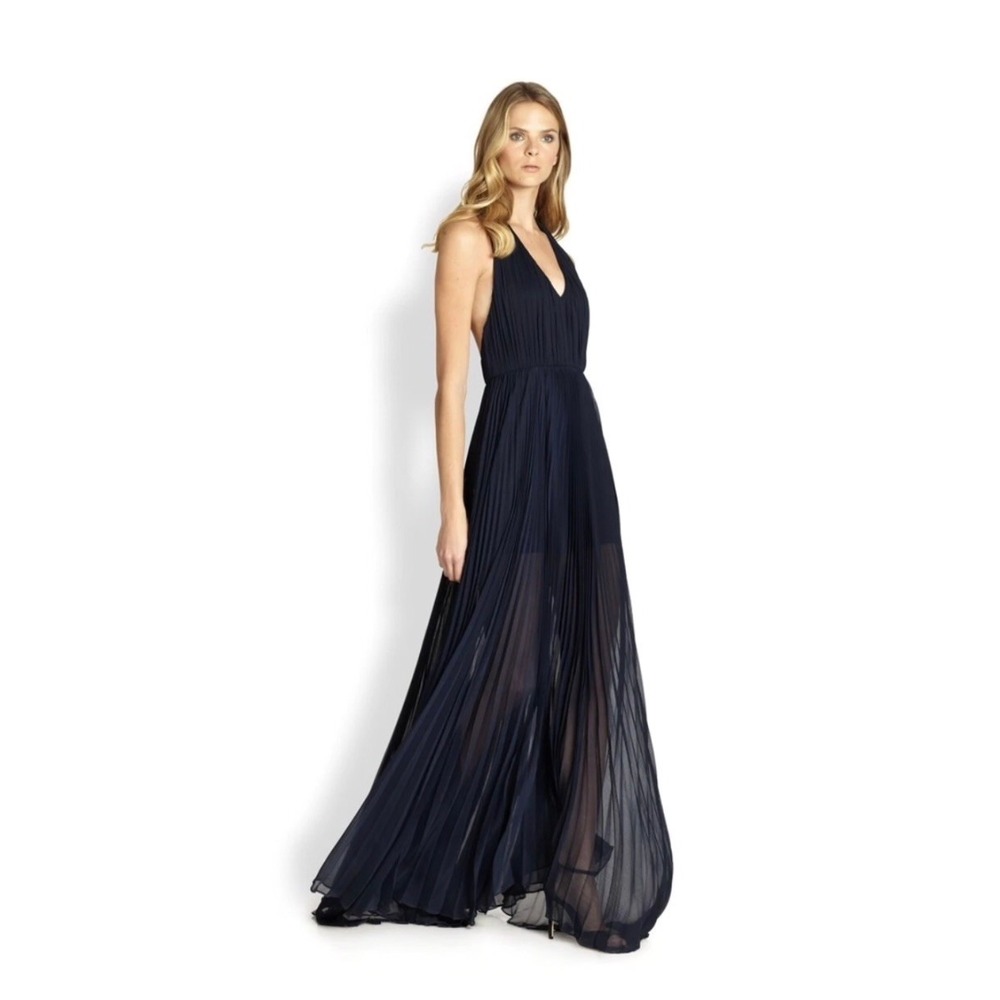 Alice‎ + Olivia Maxi Dress Women 6 Navy Navy Pleated Open Back Gown Bergdorf - Picture 2 of 11